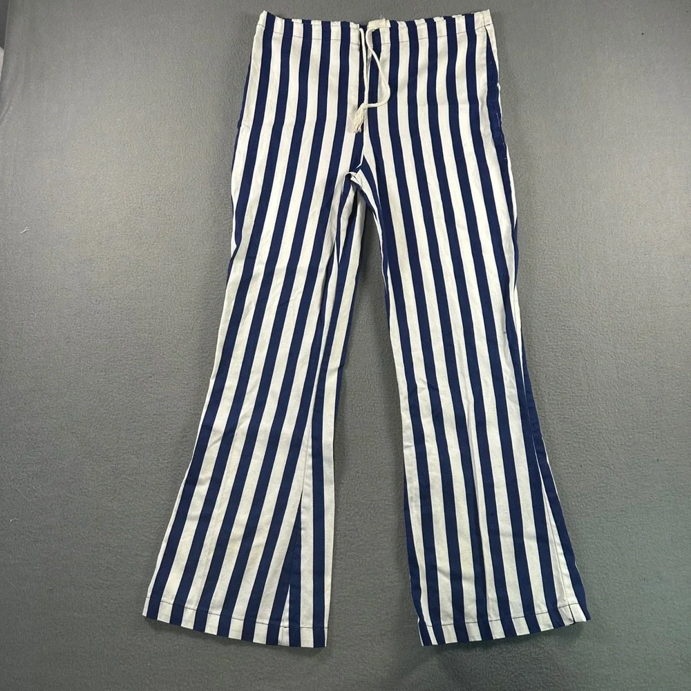 Vintage ILGWU Blue White Striped Flare Pants Drawstring Waist Small 28-30 union